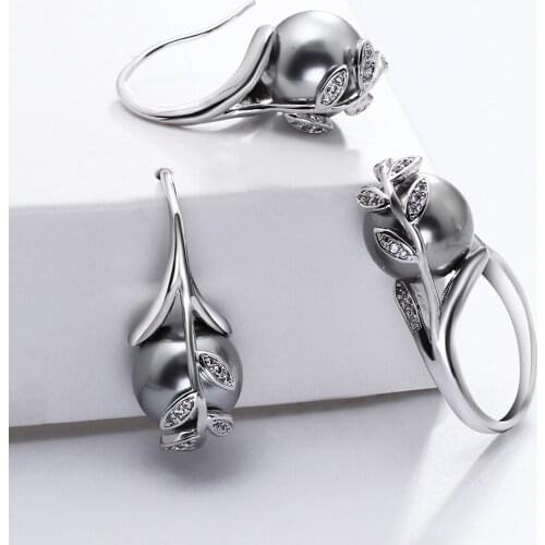 Dropshipping earrings ring sets White color Grey pearl & crystal Wholesale trend leaf jewelry lots Dangling hook earring rings