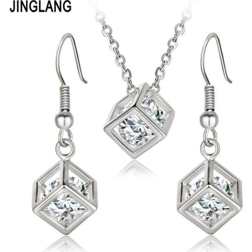 JINGLANG Fashion Women Necklace Earrings Jewelry Sets Dangle Crystal Cube Pendants Sets For Women Party Jewelry