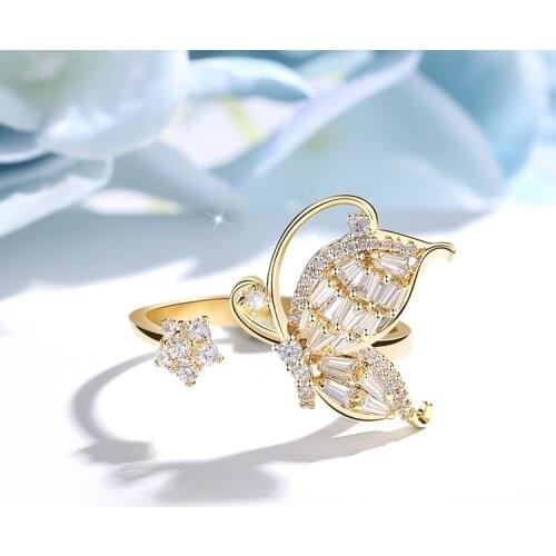 Classic Butterfly Gold Color Ring AAA Austria Crystal Wedding Ring for Bridal Christmas Gift for Women Jewelry Engagement Ring