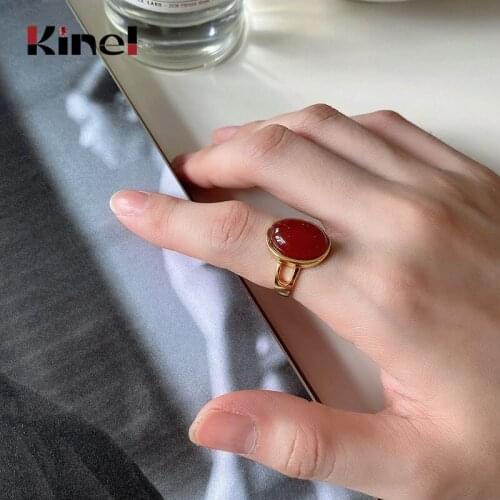 Kine Real 100% 925 Sterling Silver Vintage Oval French Finger Rings for Women Anniversary Engagement Red Agate Ring Jewelry