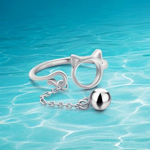 Wholesale Woman Solid 925 sterling silver ring Girl Cute style cat sweet ring bells kitten Adjustable ring silver jewelry gift
