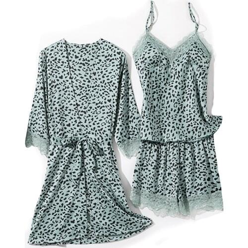 Sexy Kimono Bathrobe Gown Women 3PCS Pajamas Set Satin Sleepwear Robe Suit With Lace Silky Pijamas Loungewear Leopard Pyjamas