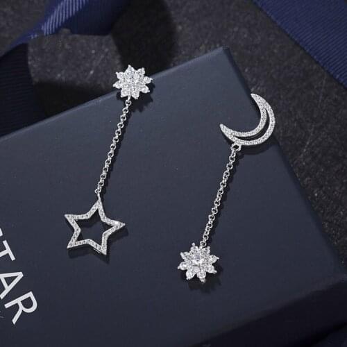 Fashion Women Drop Earrings 925 Silver Star Moon Shape Ear Dangle Long Hanging Crystal Zircon Rhinestone Earings