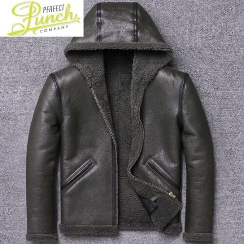 Genuine Jacket Hooded Mens Vintage Short Winter Real Fur Coat Men Sheepskin Leather Jackets Shearling Wool M1901 KJ4199