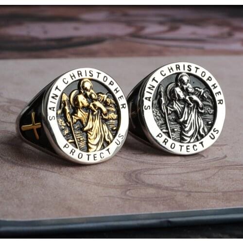 Unisex Cross Stainless Steel Ring St. Christopher Protect Us Male Ring Drop Shipping Accepted US Size 7 To 15 Big