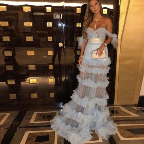 Sexy Baby Blue See Thru Tulle Mermaid Prom Dresses Backless Long Prom Gowns Beaded Waist Ruffles Tiered Formal Party Dress