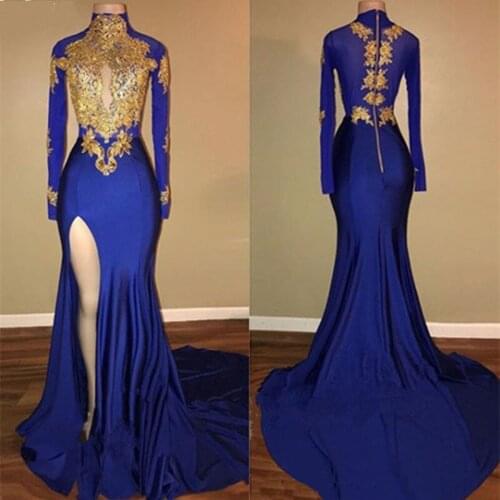 Sexy Evening Gowns 2021 Robe De Soiree Royal Blue Evening Dres With Sleeves Vestido De Festa Slit Appliques Long Evening Dresses