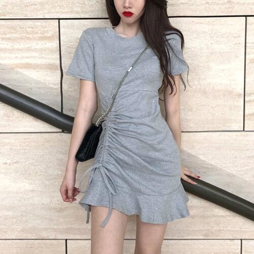 Women Grey Round Neck Ruffled Fishtail Short Sleeve Dress Female Black Harajuku movement Dress Slim Sexy Loose Drawstring Dress