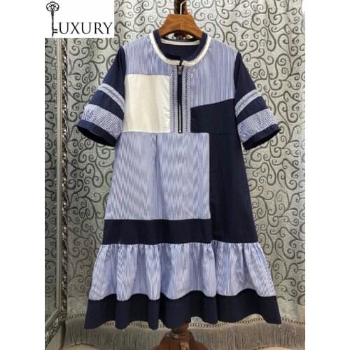 Striped 2020 Summer Fashion High Quality Women O-Neck Front Zipper Short Sleeve Ruffle Casual Cotton Dress Vintage Ladies