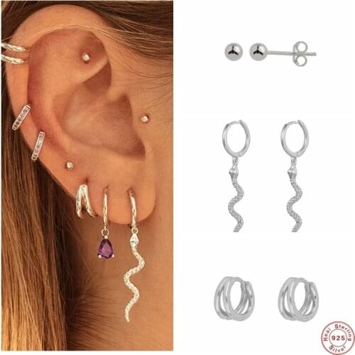 Aide 925 Sterling Silver Purple Zircon Pave Hoop Earrings Mini Ball Studs Snake Charm Double Circle Cartilage Hoop Fine Jewelry