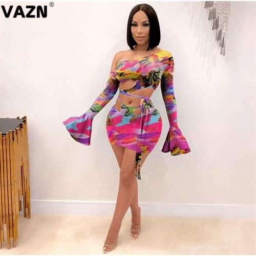 VAZN 2020 Special Sexy Women Mulit 2-Piece Short Set Flare Full Sleeve One Shoulder Tops Drawstring Mini Skirts Sets Beatch Sets