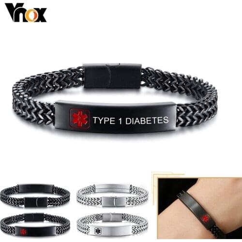 Vnox Free Personalized Engrave Medical Alert ID Bracelets for Men,Stainless Steel Punk Cubic Foxtail Chain Male Wrist Jewelry