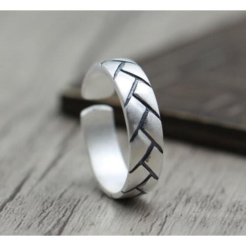 S990 Sterling Silver Jewelry Fashion Braided Opening Men Women Ring Ring Thai Silver Retro Simple Personality Ring
