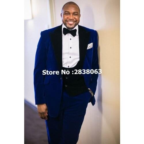 Groomsmen Peak Black Lapel Groom Tuxedos Royal Blue Velvet Men Suits Wedding Best Man Blazer ( Jacket+Pants+Bow Tie+Vest ) C101