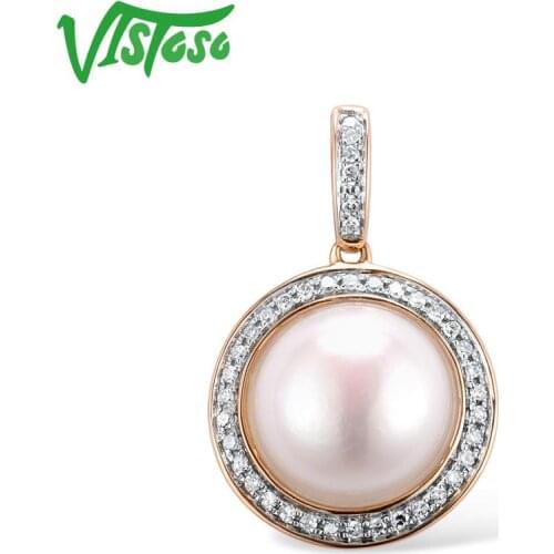 VISTOSO Gold Pendant For Women Pure 14K 585 Rose Gold Sparkling Diamond Elegant Fresh Water Pearl Pendant For Lady Fine Jewelry