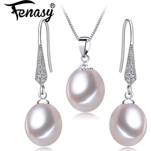 FENASY 925 Sterling Silver Jewelry Sets Natural Pearl Earrings For Women New Drop Earrings Trendy Pendant Chain Necklaces