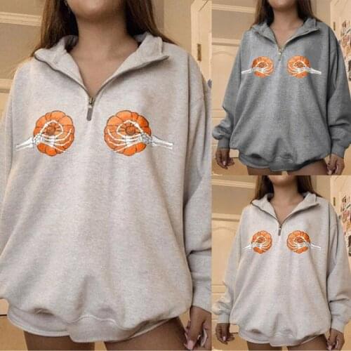 Womens Hoodies Halloween Pumpkin Skeleton Hand Print Zipper Sweatshirt Women Pullover Long Sleeved O-Neck Autumn Oversized Tops