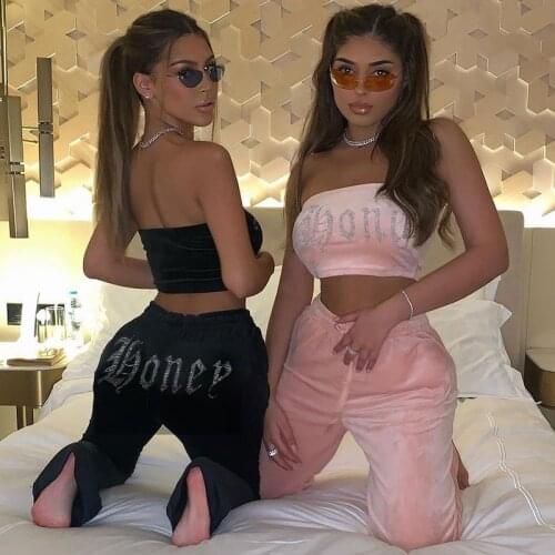 SEASONS Velvet Rhinestone Letter Print Women Two Piece Set Tube Crop Top High Waist Wide Leg Pants Tracksuit Sporty ASSU83084