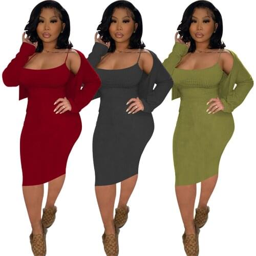 Casaul Women Skirt Two Piece Set Knit Ribbed Spaghetti Strap And Coat Tracksuit Clothes For Women Outfit