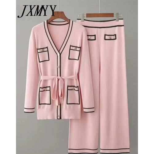 JXMYY Early Autumn Long-Sleeve Knit Suit Lace-Up Waist Mid-Length V-Neck Cardigan + Wide-Leg Pants Two-Piece Female