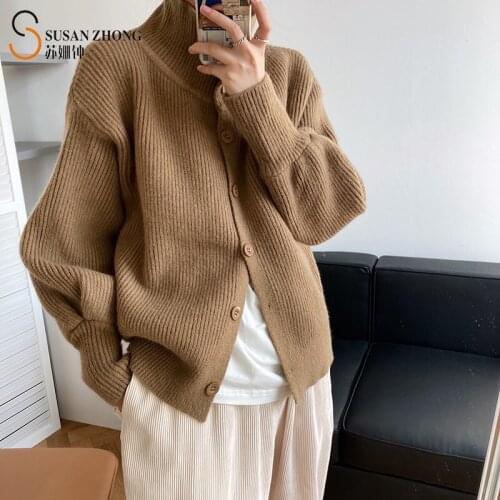 Women Cardigans Female Sweaters Ladies Knitwear Coat Autumn Winter Turn-Down Collar Lantern Sleeve Single Breasted Loose Vintage