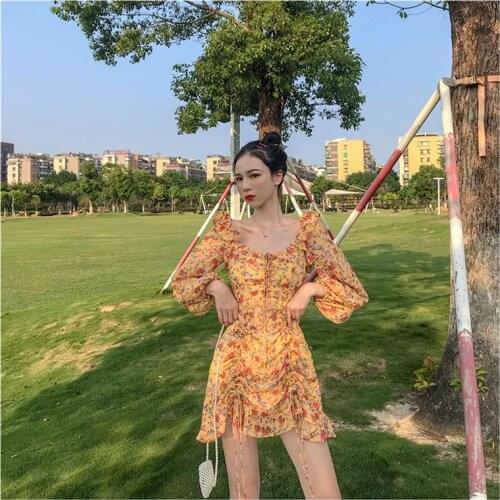 Yellow floral dress female sweet chiffon slim lantern sleeve drawstring high waist ruffled fashion Sexy vestidos 2020 best D105