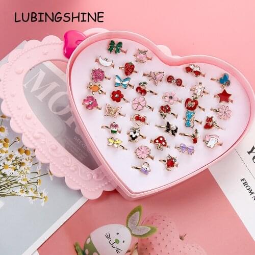 36PCS/set Adjustable Kids Resin Flower Butterfly Rings Jewelry Crystal Open Finger Ring for Children Girls Birthday Party Gift