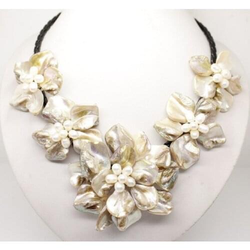 Free shipping Wholesale Cheap Classic baroque freshwater cultured pearl shell flower leather weave pendants necklace