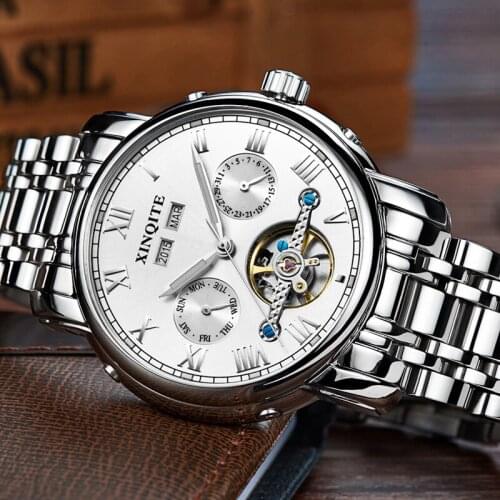 XINQITE Top Brand Men Mechanical Watches Stainless Steel Waterproof Automatic Watch With Calendar Week Year Noctilucent Function