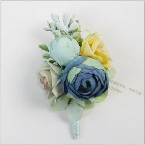 DIY 1Pcs artificial blue rose corsage Groom Boutonniere brooch women corsage flower bridal hand Flowers Wedding party flower
