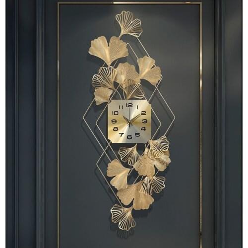 Chinese Wrought Iron 3D Ginkgo Leaf Wall Clocks Home Livingroom Wall Mural Decoration Hotel Lobby Mute Clock Wall Sticker Crafts