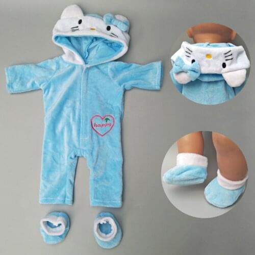 Fits 43cm Bebe newborn doll coat cartoon Blue kitty hoodie set for 17" reborn baby doll clothes outfit for toys wear