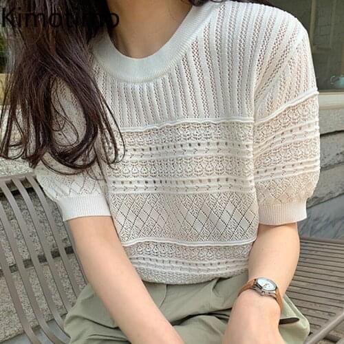Kimotimo Summer Sweater Women Korean Summer Sweet O-neck Pullovers Design Hollow Jacquard Puff Sleeve Thin All-match Knit Top