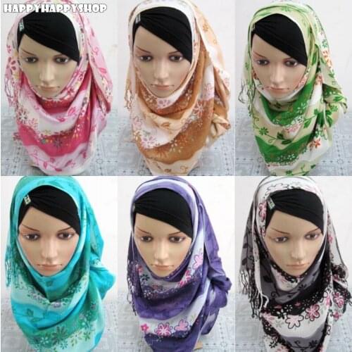 Soft Plain Autumn Womens Long Scarf Flower Printed Shawls Muslim Islamic Tassel Hijab Headband Wrap Pashmina Arab Headwear