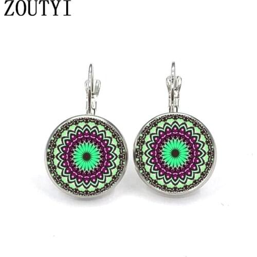 New/glamour fashion mandala floral pattern photo earrings, convex glass inlay earrings, feminine accessories