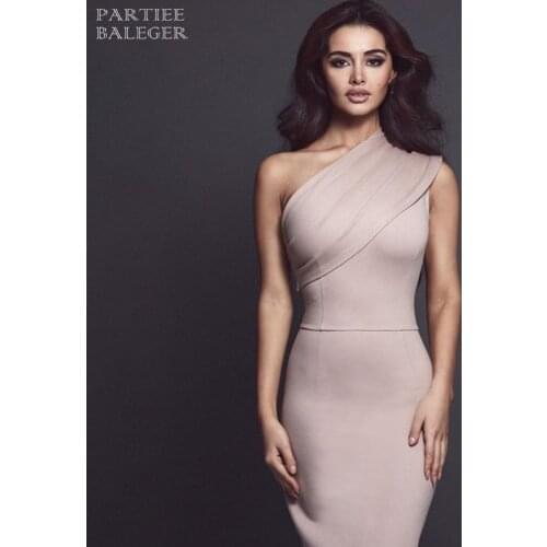 PB Free Shipping 2020 New Chic One Shoulder Draped Design Sleeveless Celebrity Party Club Bandage Mini Dress