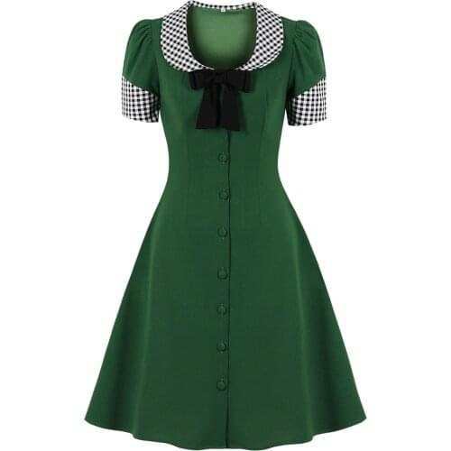 50s Patchwork Green Women Casual Tunic Midi Dress Plaid Print Button Shirt Sundress A Line Office 2021 Pinup Wrap Swing Dresses