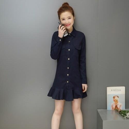 Spring Female Long Sleeve Lapel Denim Dress Loose Fit A-Line Ruffle Kawaii Mini Dresses Women Single Breasted Casual Jean Dress