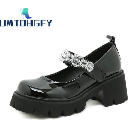 Patent Leather Vintage Platform Mary Janes Shoes Spring Autumn Womens 7cm Party Girls JK Studer High Heel Women Pumps Round Toe