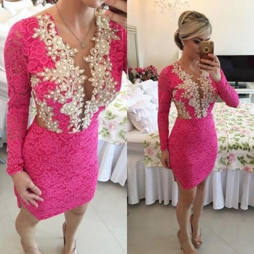 E JUE SHUNG Short Evening Dresses Long Sleeve Cutaway Sides Gold Lace Applique Full A Line Evening Gowns robes de soirée