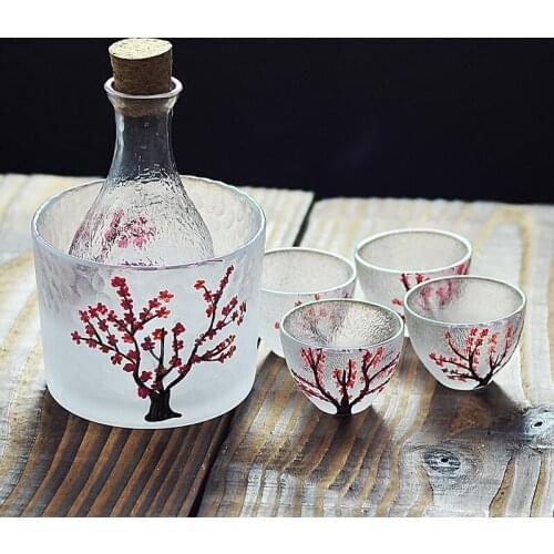 Handmade Japanese pink sakura glass sake cup bottle set yellow wine warming vessel hot wine pot plum white wine wineware