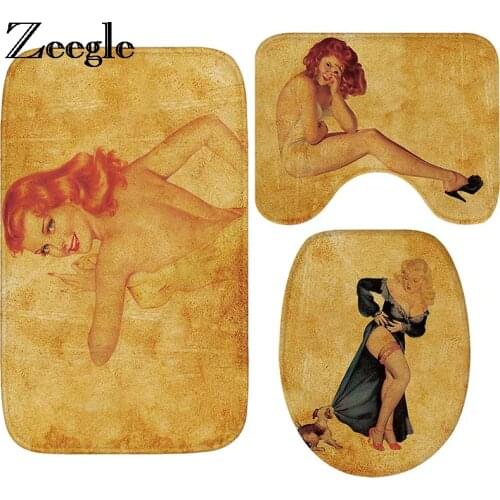 Zeegle Bathroom Mat European Woman Printed Bath Mat Set 3Pcs Bathroom Carpets Non-slip Bath Rugs Shower Mat Bathroom Toilet Rug