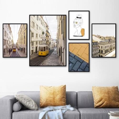 Yellow Bus Old Street House Abstract Line Nordic Posters And Prints Wall Art Canvas Painting Wall Pictures For Living Room Decor