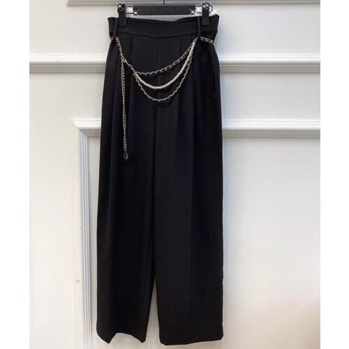 2021 Autumn Winter Women Wide Leg Pants Black Wool Trousers High Waist Pearl Chain Belt Pantalon Femme Ropa Mujer