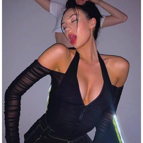 Ladies Crop Top Deep V-Neck Mesh Long-Sleeved T-Shirt 2021Spring And Autumn Casual New Fashion Wild Street Sexy Club Personality