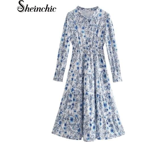 New Autumn Vintage Floral Printed Long Dresses for Women 2021 Casual Long Sleeve Pleated Maxi Dress Female