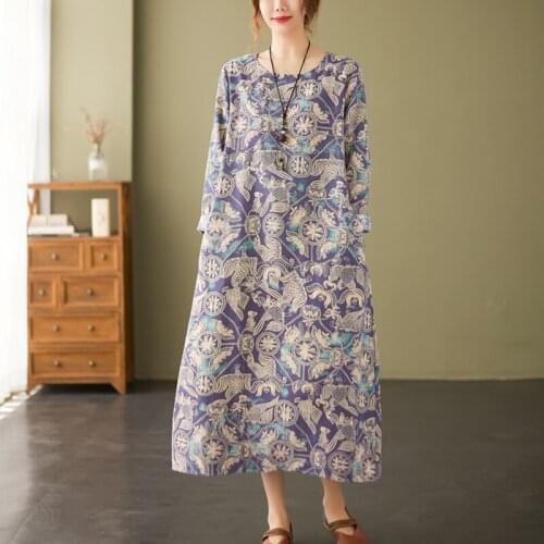 2021 New Arrive Cotton Linen Vintage Floral Print Spring Autumn Dresses Women Long Casual Office Fashion Dress Elegant Vestidos