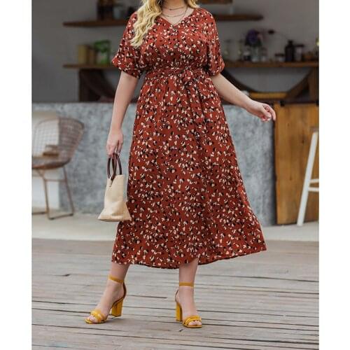European American Women 2021 Chiffon Dress Summer Women Print Floral V-neck Midi Dress Elegant Plus Size Dresses Vestidos 15082