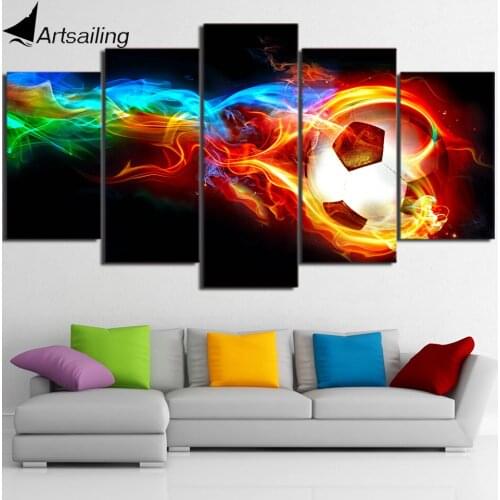 Artsailing 5pcs burning fire Socer Football canvas painting Wall Pictures for Living Room Modern Framed Pictures NY-7403C