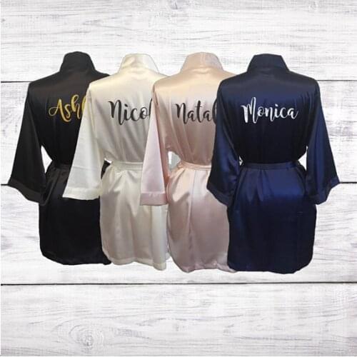 Personalize name printed wedding Bride Bridesmaid satin pajamas robes bridal shower kiminos gifts party favors
